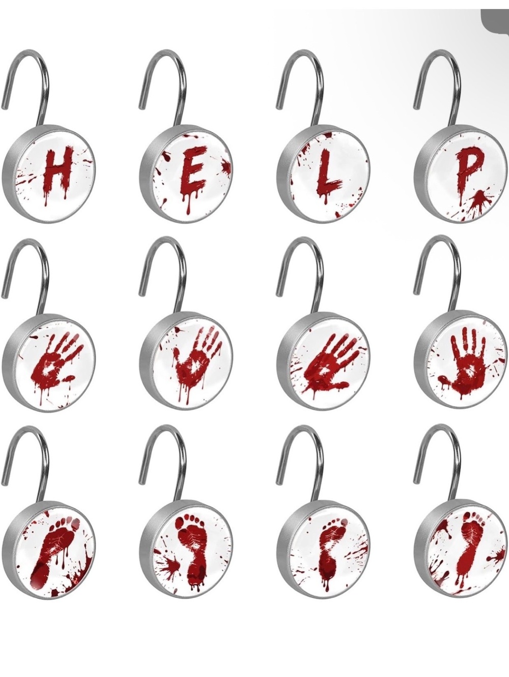 Halloween Themed Shower Curtain Hooks with Bloody Hand and Foot Prints - 12 Pack